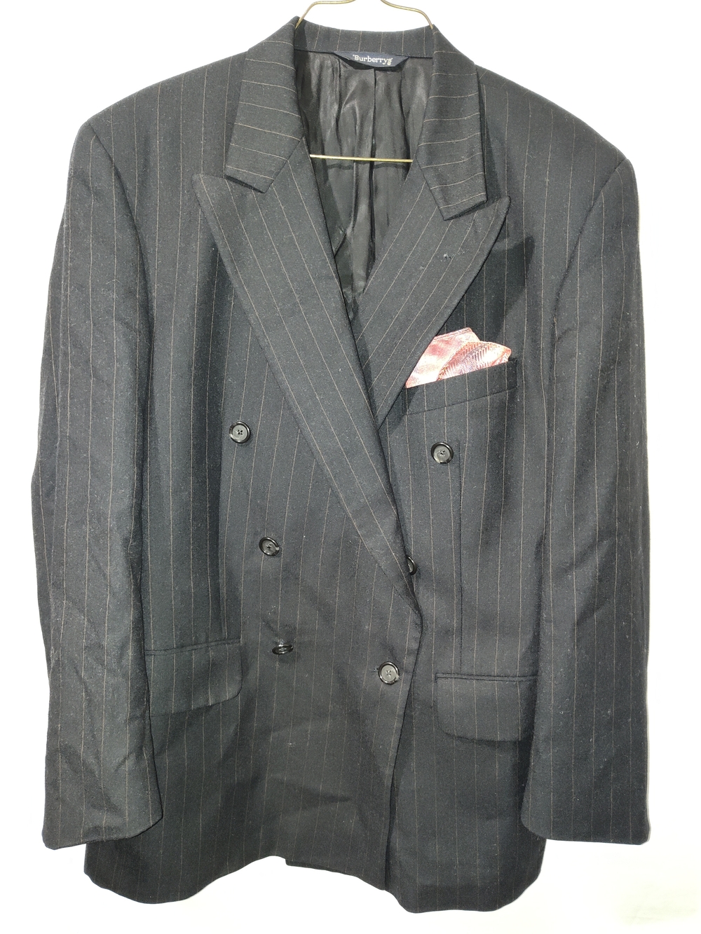 Burberry Double-Breasted Black Pinstripe Blazer with Pink Pocket Square